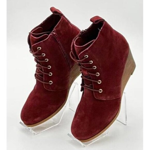 Diba Blake Suede Bootie Women’s 9 Burgundy Leather Upper Wedge Heel Ankle Boots - Picture 3 of 6